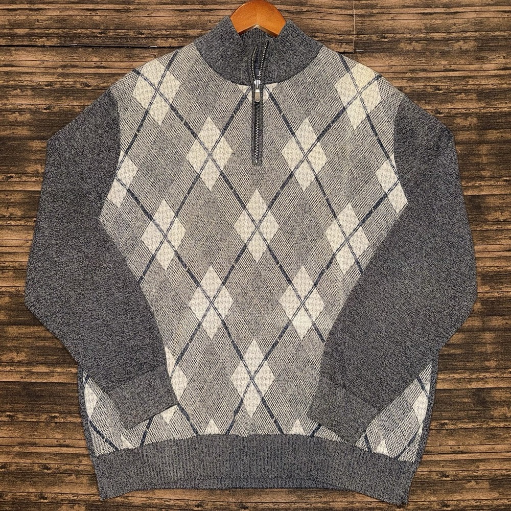 Joseph Abboud Sweater Mens Large Gray Argyle 1/4 Zip Cotton Pullover